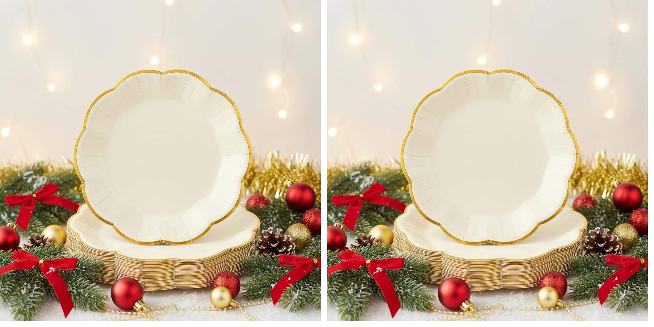NatNarr 30 Pcs Cream Paper Plates, 9 Inch Ivory Paper Plates with Gold Trim Scalloped White and Gold New Years Plate for New Year, Baby Shower, Wedding (Pack of 2)