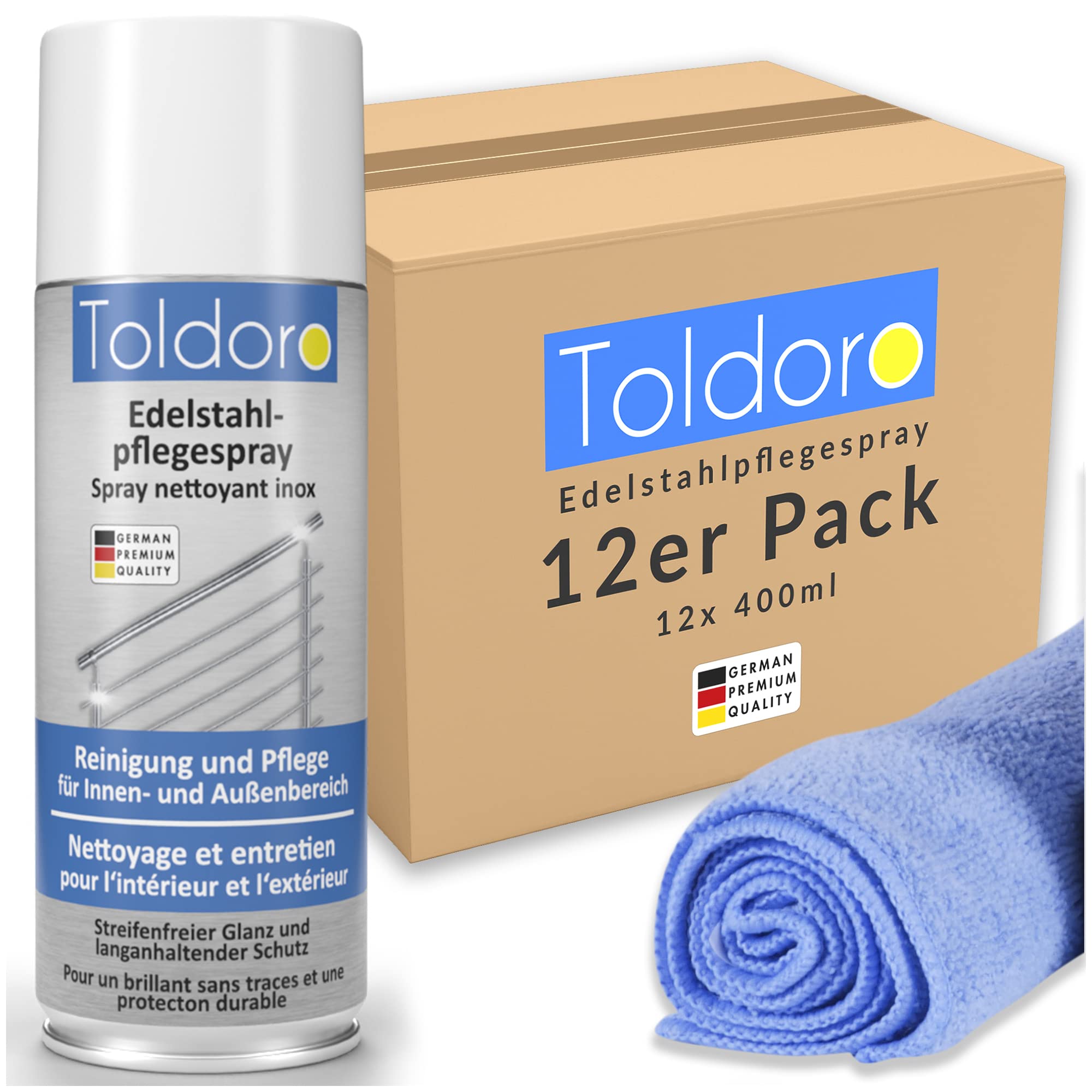 Toldoro Set di 12 spray per la cura dell'acciaio inossidabile da 400 ml e 1 panno in microfibra da 40 x 40 cm / detergente in acciaio inox per barbecue, cucina / acciaio inox spray come detergente in