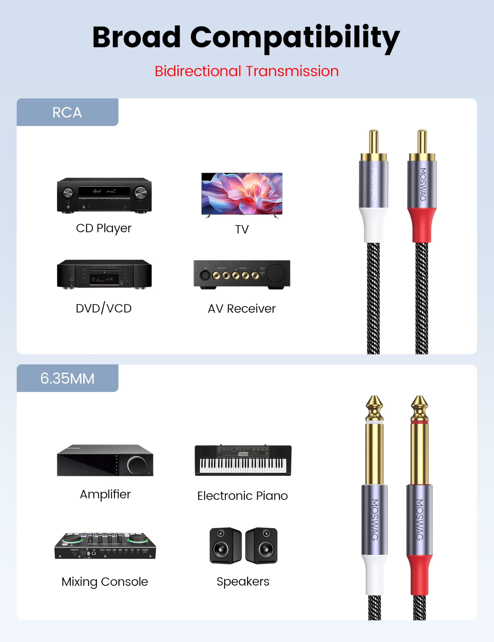 MOSWAG Doppio RCA a Doppio Cavo 1/4, Placcato oro Heavy Duty 2 x 6,35 mm TS mono Jack Maschio a 2 RCA Maschio cavo Adattatore per Amplificatore, Lettore di Musica, Altoparlanti, TV,3M - 3