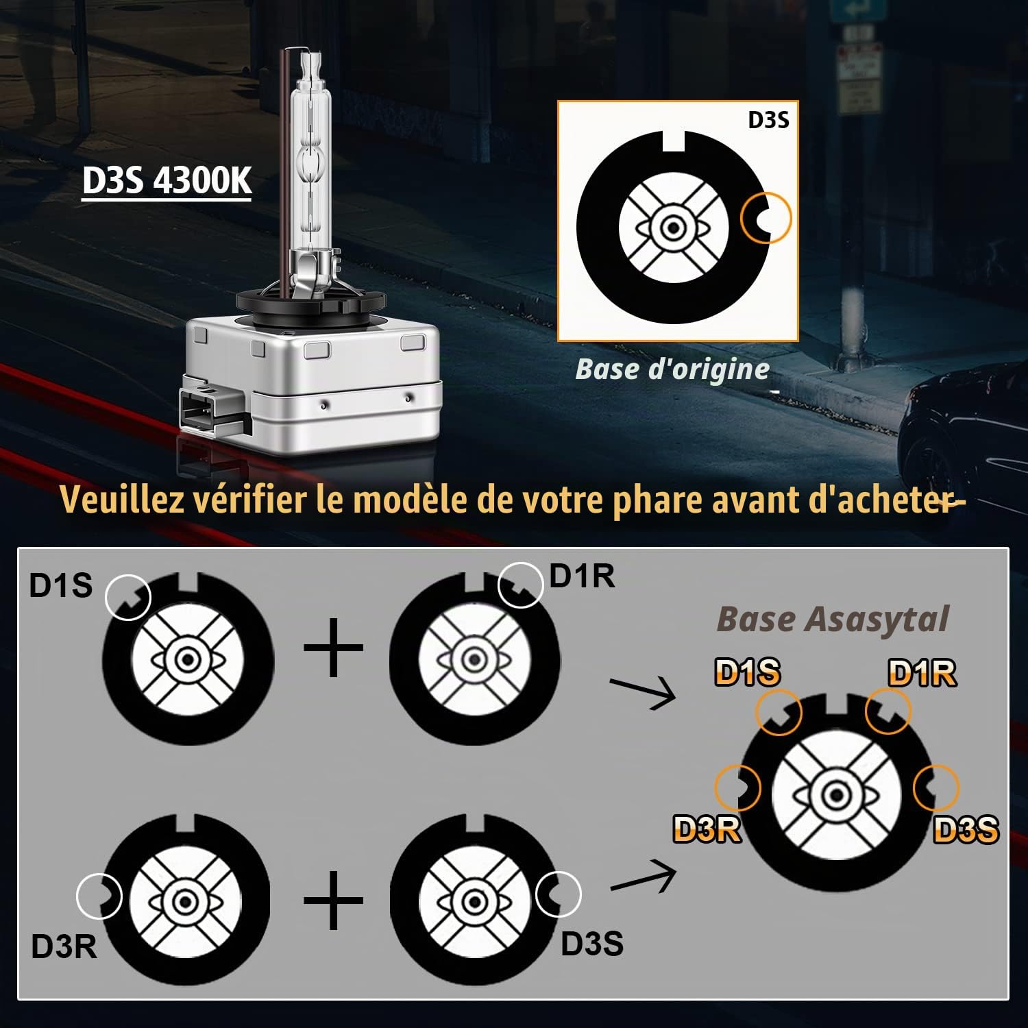 D3S HID Xénon Ampoules Blanc Chaud 4300K Remplacement de Phare 35W 12V Bi HID Kit de Rénovation de Phare Xenarc, Remplacez Les Ampoules de Phares Extérieurs au Xénon, 1 Paire
