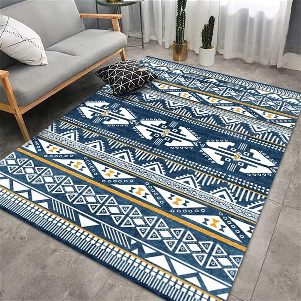 Tapis 80x150cm bleu ethnique géométrique lavable pour chambre
