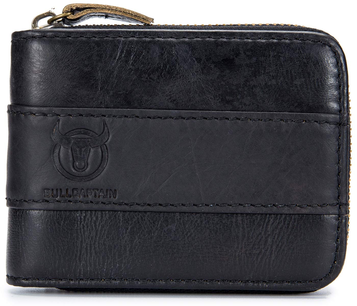 BULLCAPTAIN Genuine Leather Men Zipper Wallet Bifold RFID Blocking Wallet Large Capacity Multi Card Holder Coin Purse (Black)