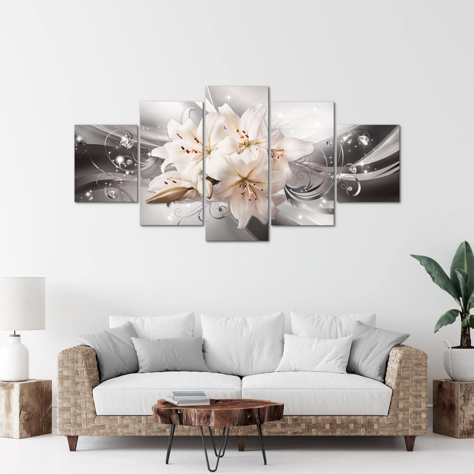 Runa Art - Quadri Fiori Gigli 200 x 100 cm 5 Pezzi XXL Decorazione Murale Design Grigio Beige 020151c