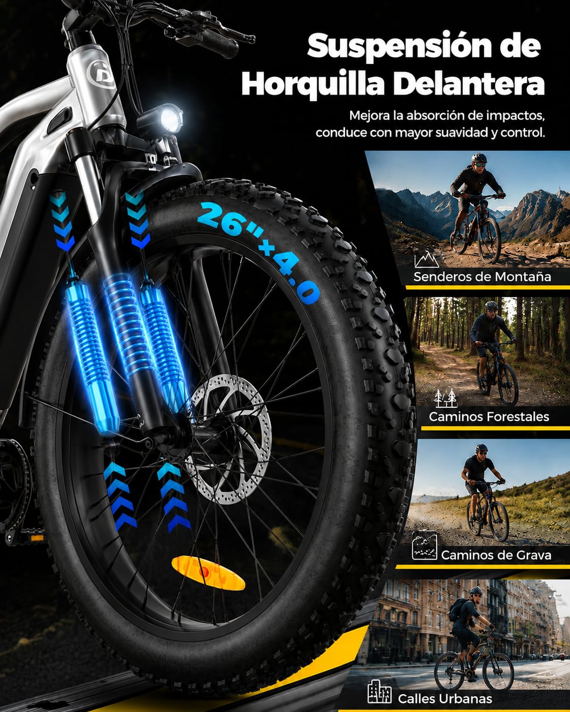 Bodywel D6 Bicicleta Eléctrica, 26x4.0 Fat Bike Bici Electrica Adultos Montaña, Batería de 48V 15Ah, Motor 250W, 7 Velocidades, Horquilla de Suspensión, Frenos de Disco Hidráulicos