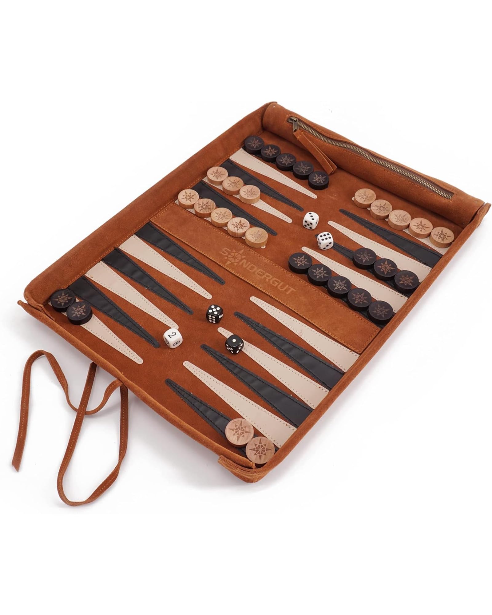 Sondergut Backgammon Deluxe - Patentiertes Klappdesign & Echtleder - Edles Design - Premium Buchenholz Spielsteine 30x40cm