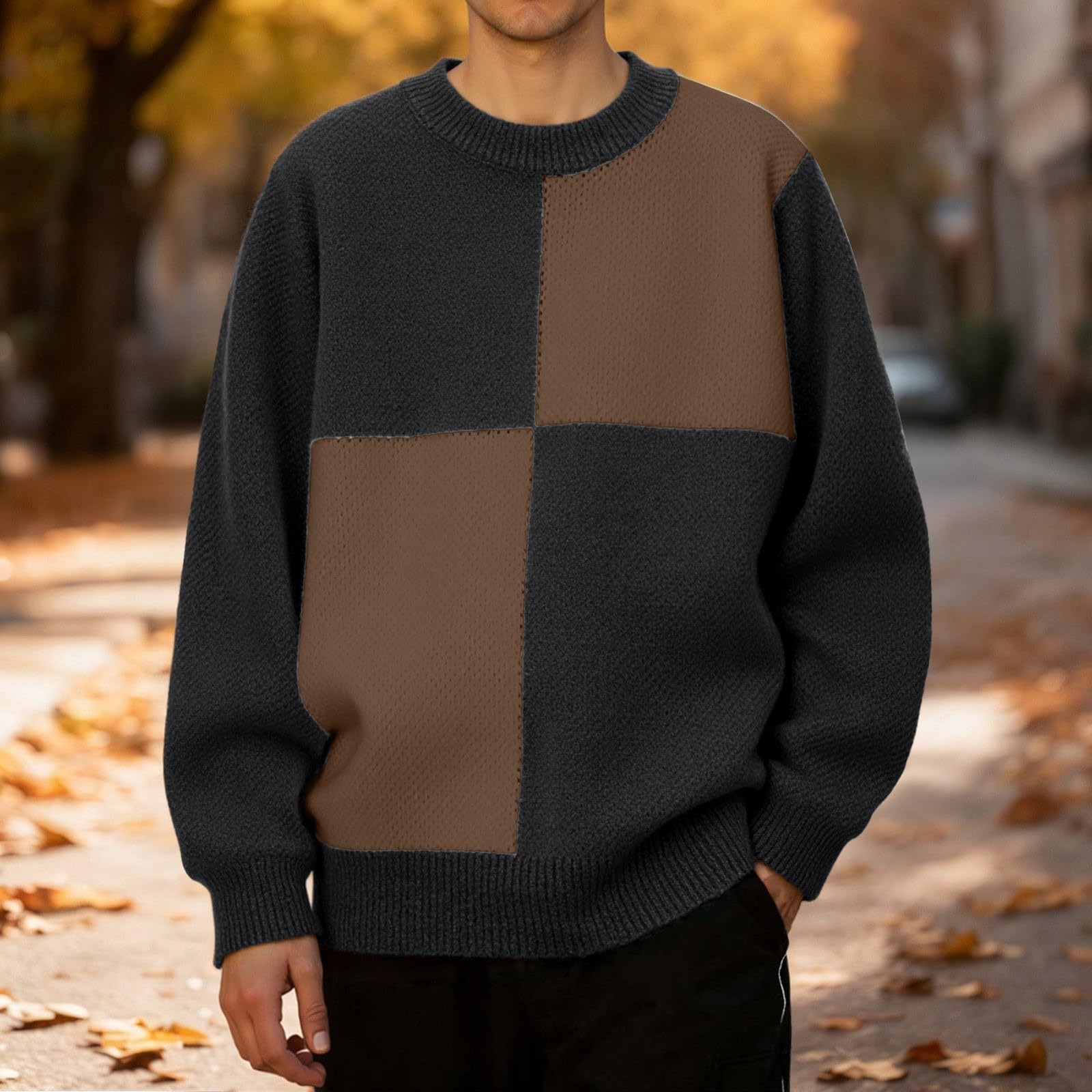 Generisch Jersey de punto para hombre, cuello redondo, cuello redondo, jersey de invierno, manga larga, patchwork, suéter de punto, informal, para negocios, invierno, tiempo libre, trabajo