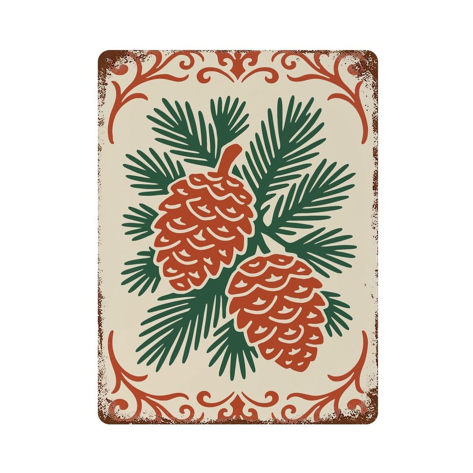 Pinecones And Pine Needles with Ornate Border Distressed Metal Wall Sign 15.7"x11.8", Rustic Home Decor for Living Room, Hallway And Home Decor