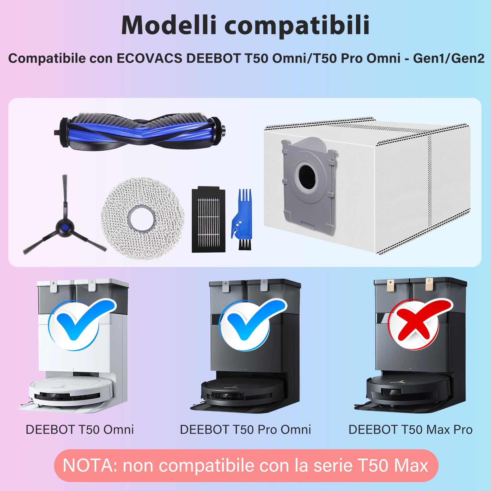 T50 Kit Accessori Ricambi per ECOVACS DEEBOT T50 Omni/T50 Pro Omni, T50 Omni/T50 PRO OMNI Gen2 Robot Aspirapolvere, 1 Spazzola Principale, 4 Filtri, 4 Spazzole Laterali, 4 Panni Mop, 6 Sacchetti