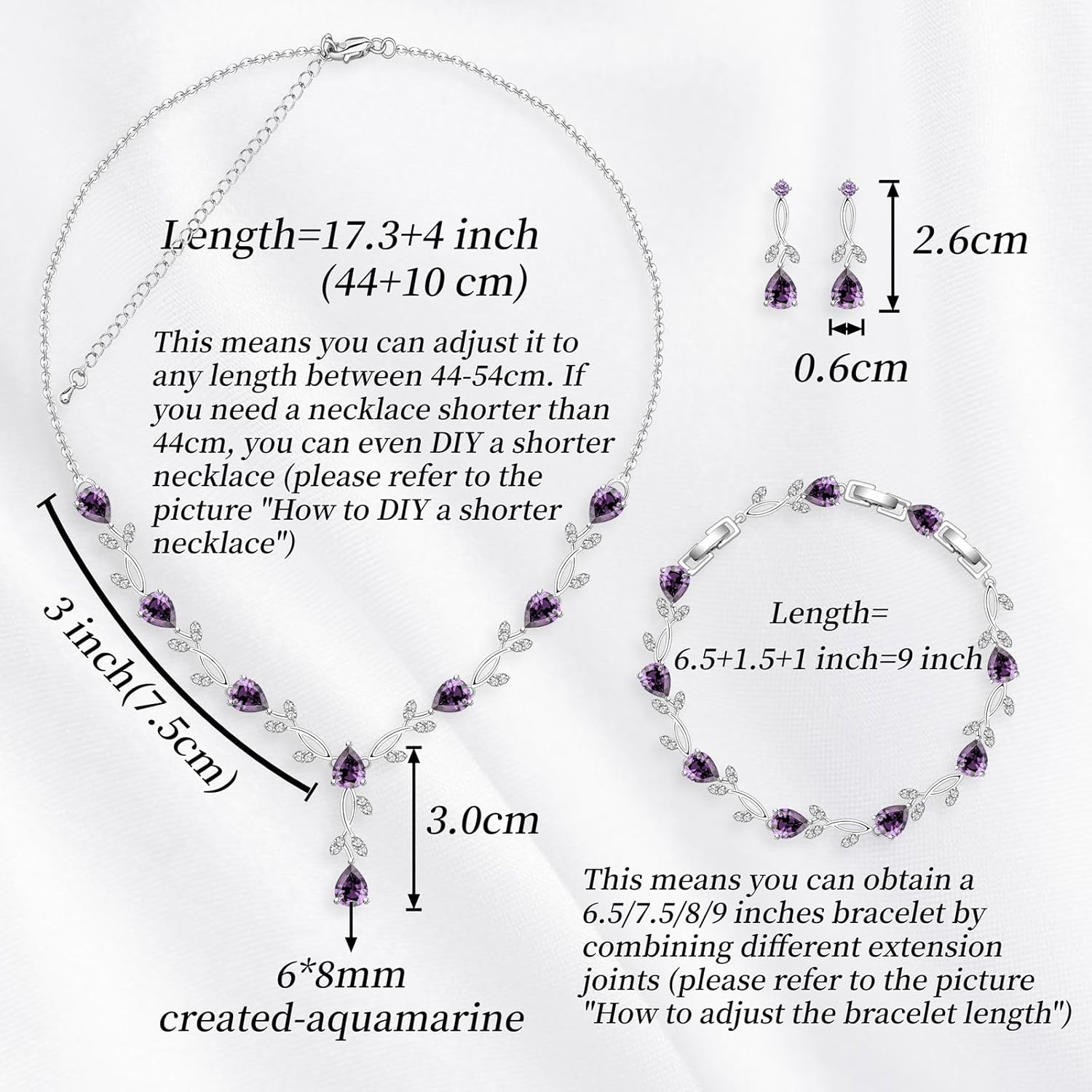 GZWHD Purple Amethyst Necklace Earrings Bracelet Set for Women Bride Bridesmaid Jewelry Set for Wedding Birthstone Gift for Mother Wife Sister Friend - Image 5