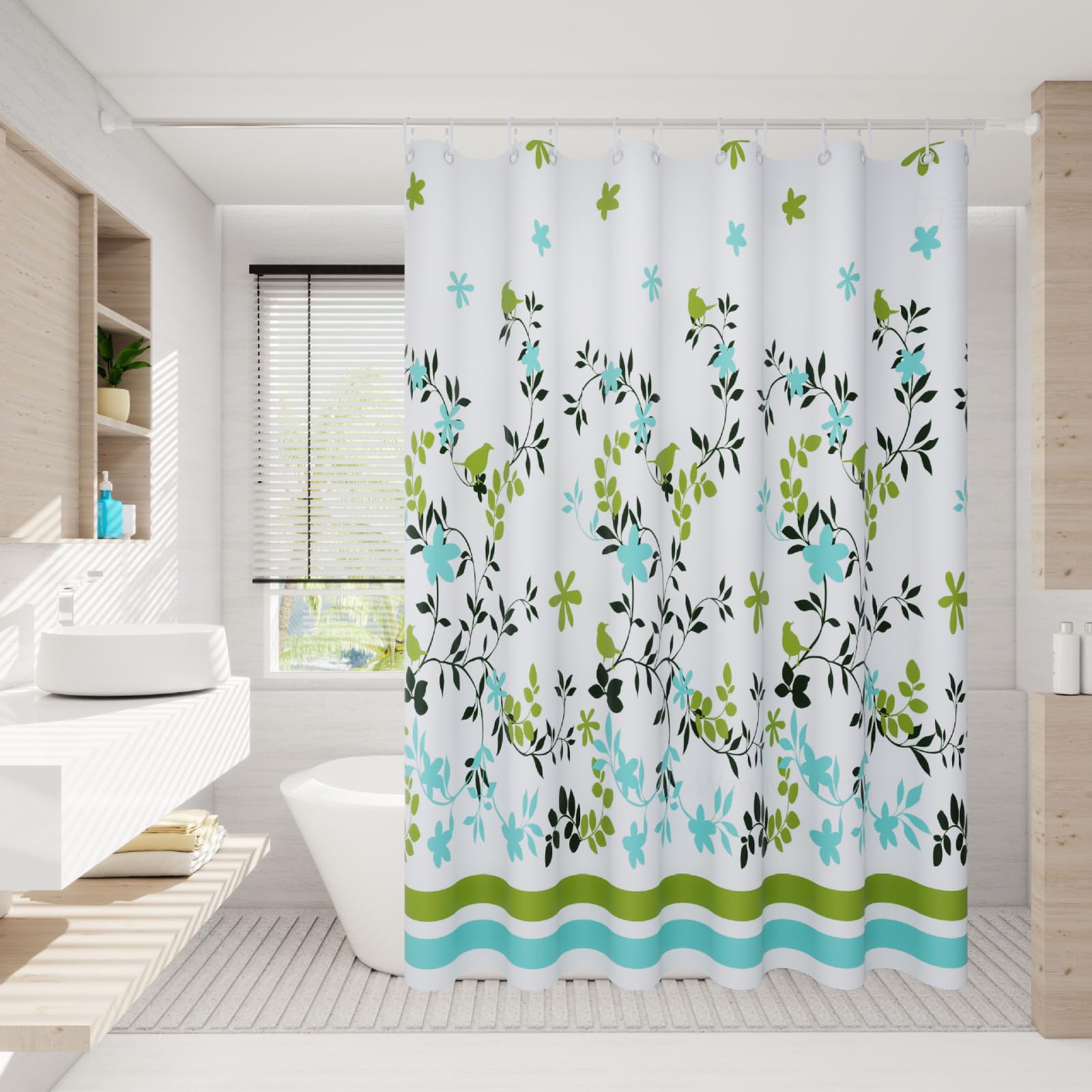 Rideau baignoire 200x240 séchage rapide motif végétal bleu