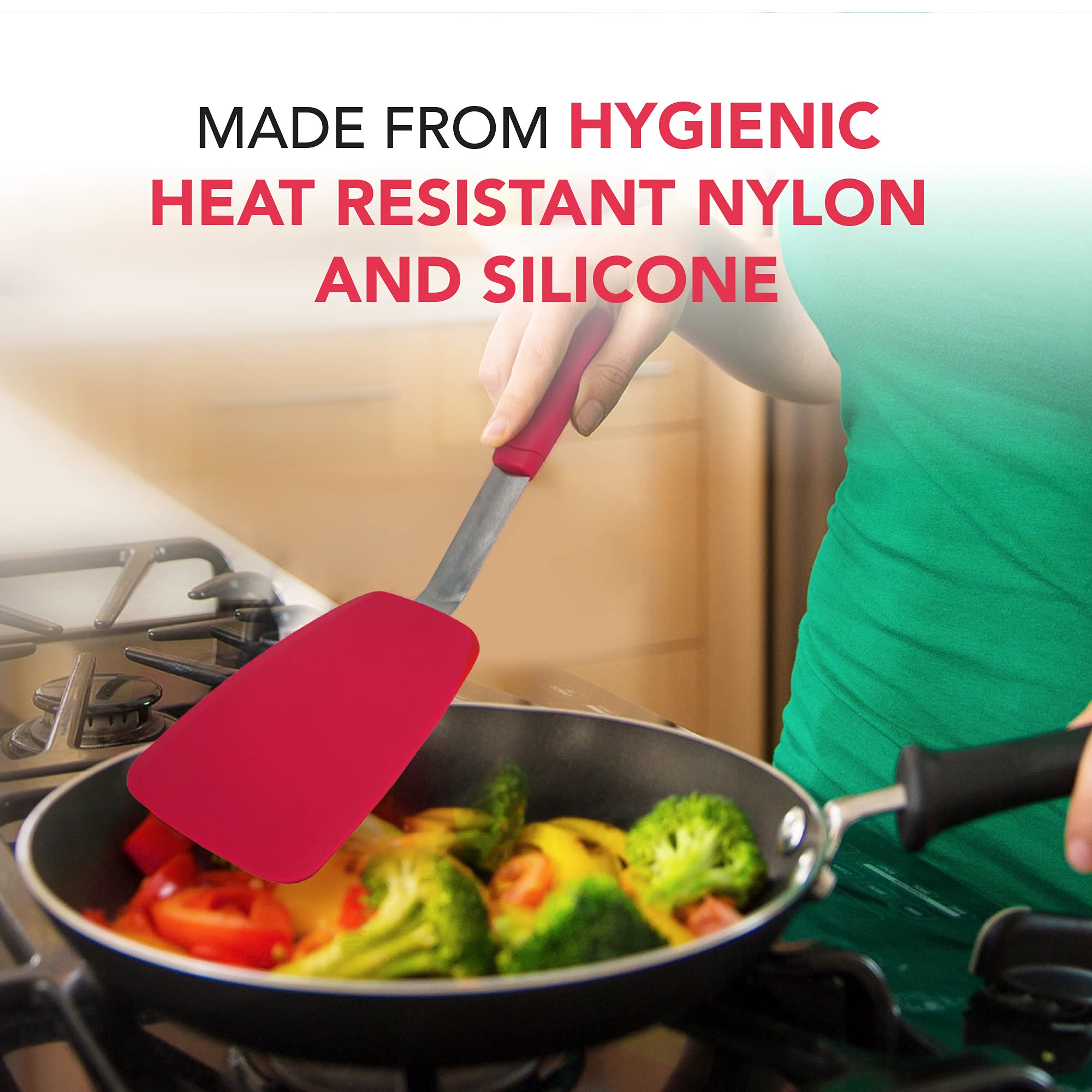 Hitzebeständiger Silikonspatel mit Schlitzen und flexiblem breitem Pfannenwender mit Nylongriff, 2 Stück