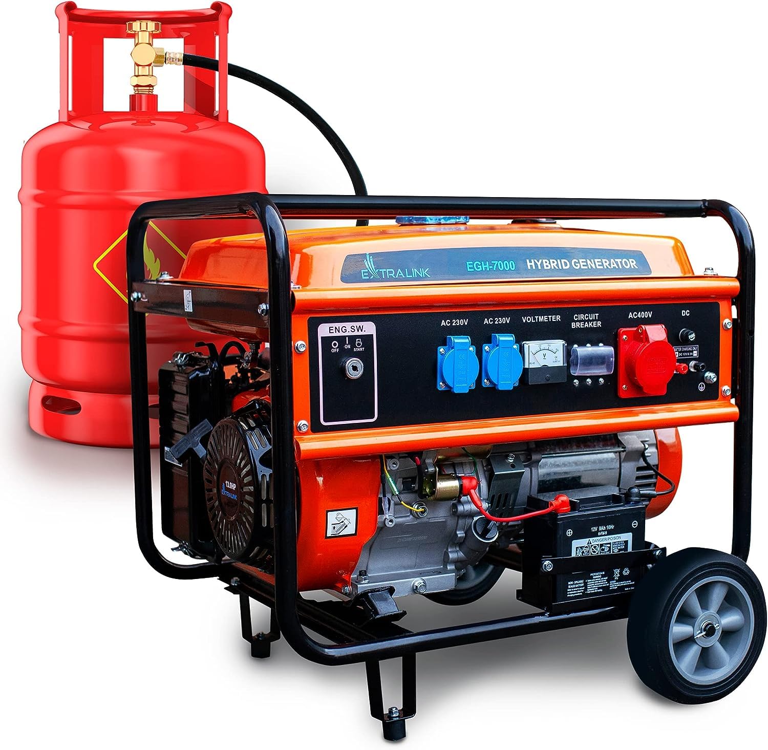 EXTRALINK EGH-7000 Generatore di corrente ibrido GPL CNG benzina 7 kW 3F 7000 W Capacità serbatoio 25 l Sistema di protezione da sovraccarico Easy-Start 2 x AC 230 V