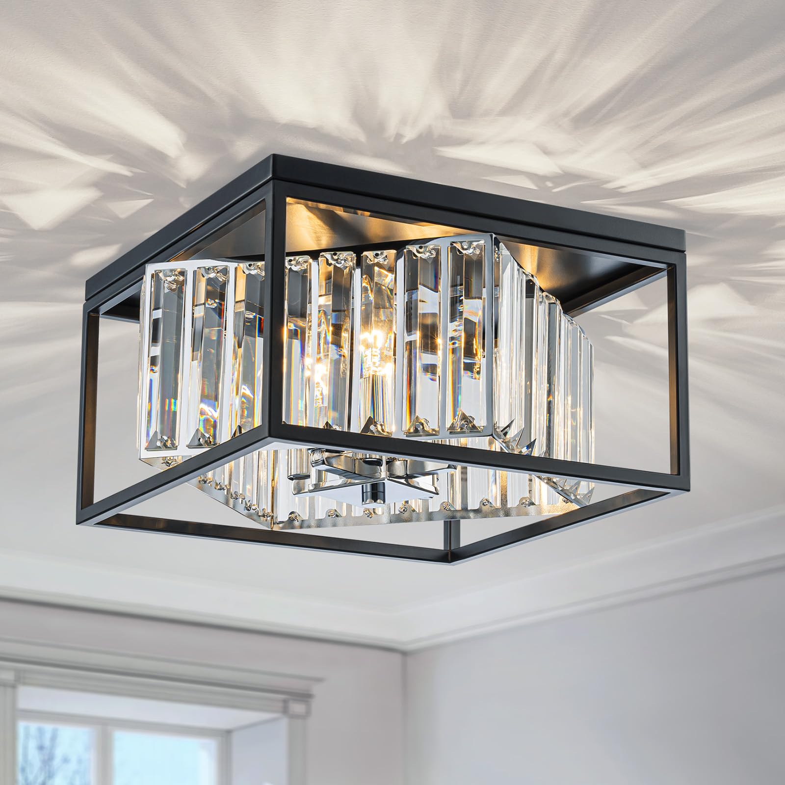 LumFurn 4-Lights K9 Crystal Ceiling Light, Close to Ceiling, 2-Tier Square Flushmount Light Fixture for Living Room, Foyer, Bedroom, L12 x W12 x H7,