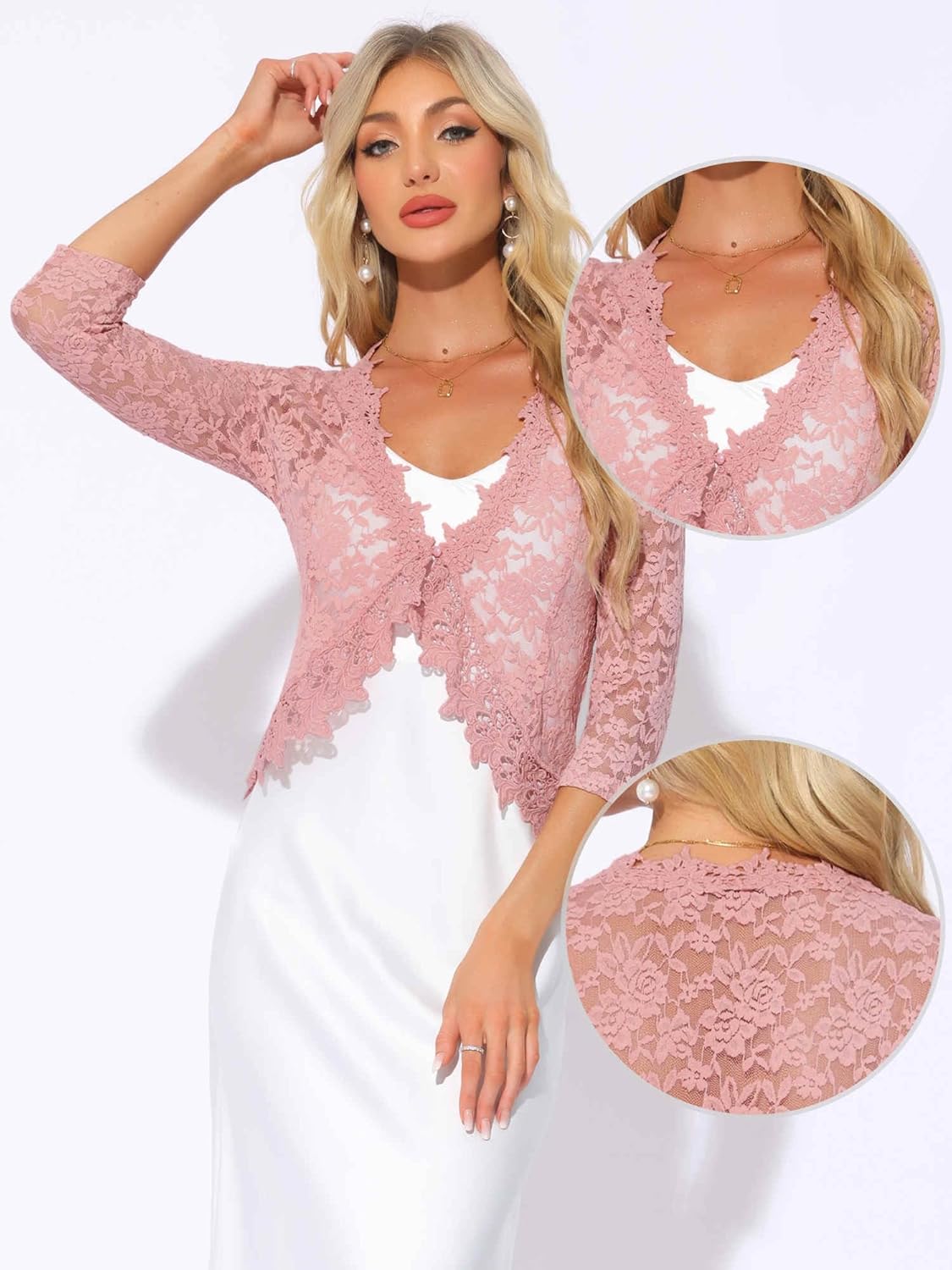 Allegra K Floral Lace Shrugs for Women's Evening 3/4 Sleeves Formal Elegant Bolero Cardigan - Image 2