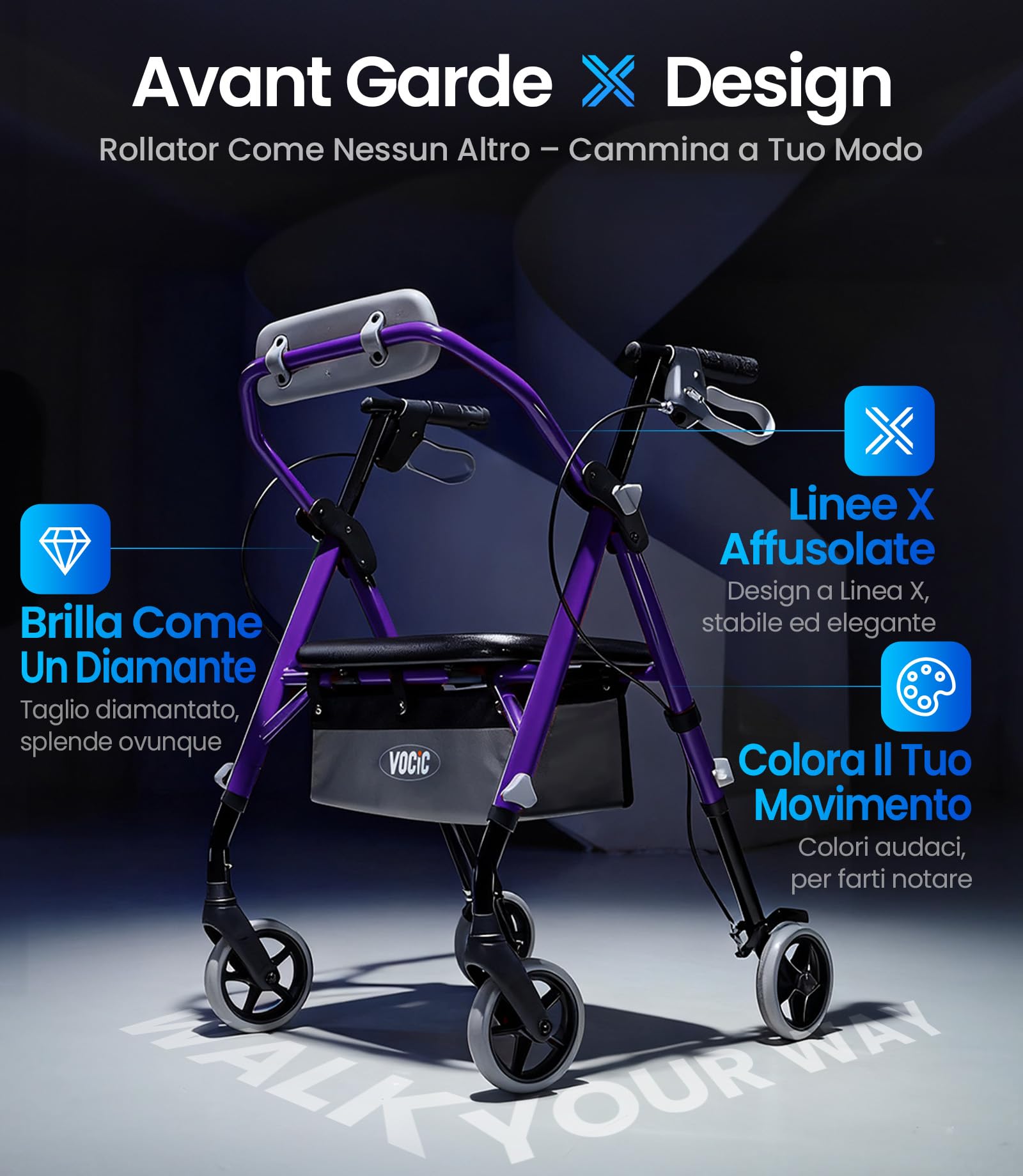 VOCIC Deambulatore pieghevole e leggero con seduta, 6,3 kg ultraleggero | Deambulatore per anziani, max 150 kg, sedile ergonomico, altezza regolabile, walker stretto per casa & viaggi, viola