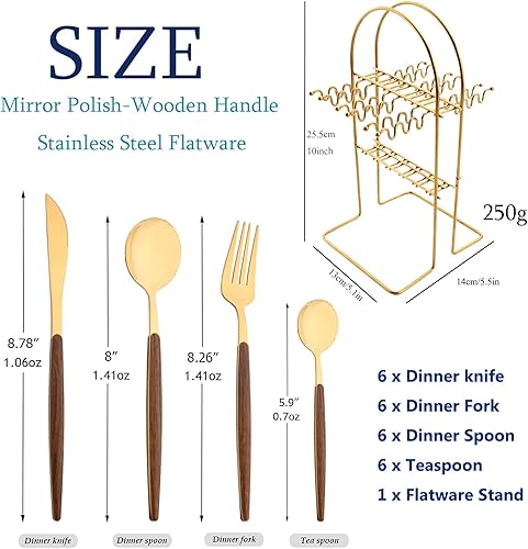 Miniatura 2 de Snplowum Juego de cubiertos de madera de 24 piezas con estante de almacenamiento, juego de cubiertos de acero inoxidable 180 para el hogar, cocina,