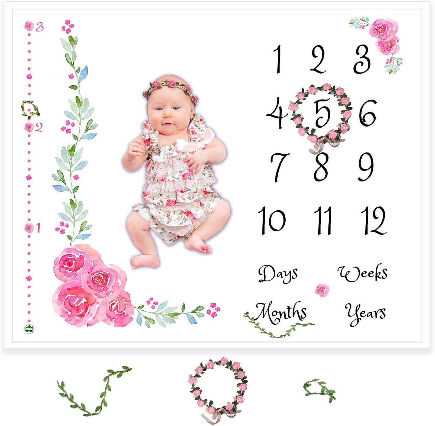 Baby Monthly Milestone Blanket for Girl | Growth Height Tracker | Soft Large Backdrop | Bonus Floral Wreath & Garland | Best Baby Shower Gift for New Mom | Newborn Photo Memory Templates for Stickers
