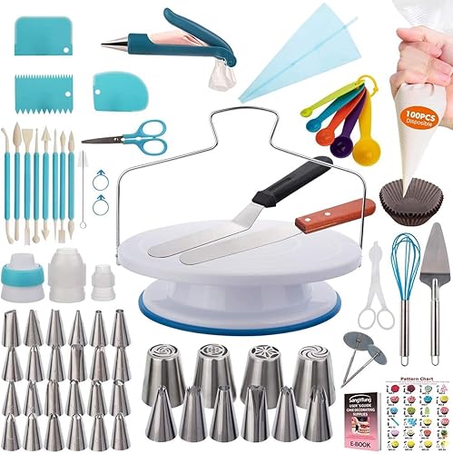 Kit de 207 piezas de suministros de decoración de pasteles para principiantes, tocadiscos de pasteles, más de 100 bolsas de tubería, puntas de