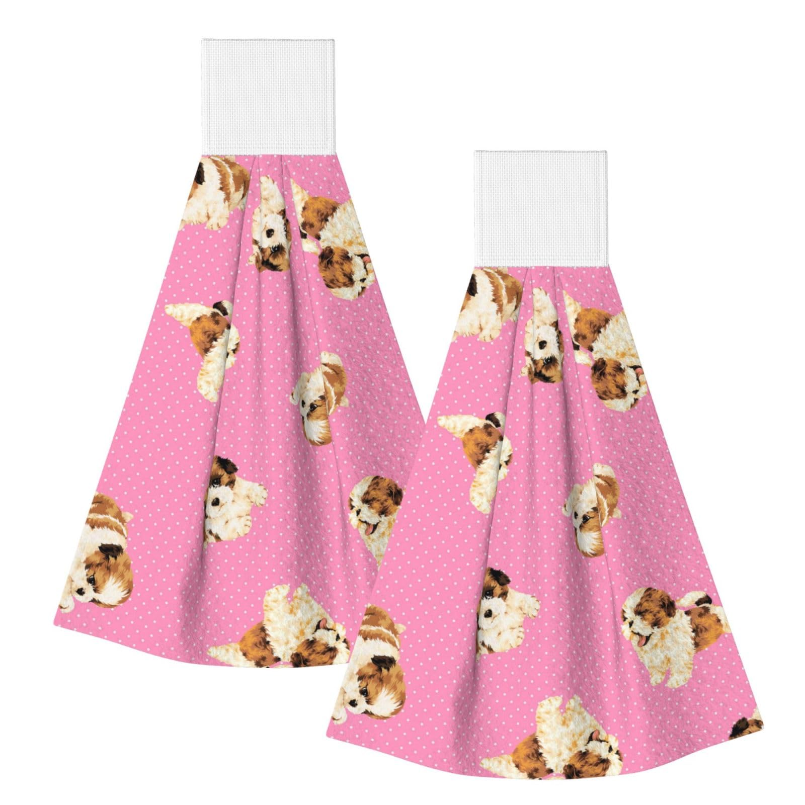 DOPKLNA Shih Tzu Pink Polka Dot, 2 Pcs Hanging Coral Fiber Hand Towels for Bathroom, Absorbent Kitchen Towels