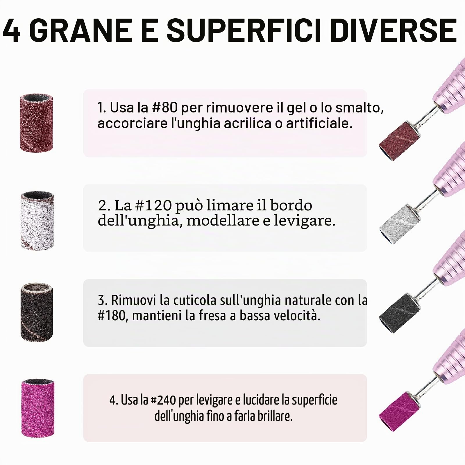 120 Pezzi Nastri Abrasivi Manicure, 80# 120# 180# 240# Levigatura Bande, Bande Abrasive con Punte per Fresa Unghie per Pedicure del Manicure del Trivello del Unghie Macchina