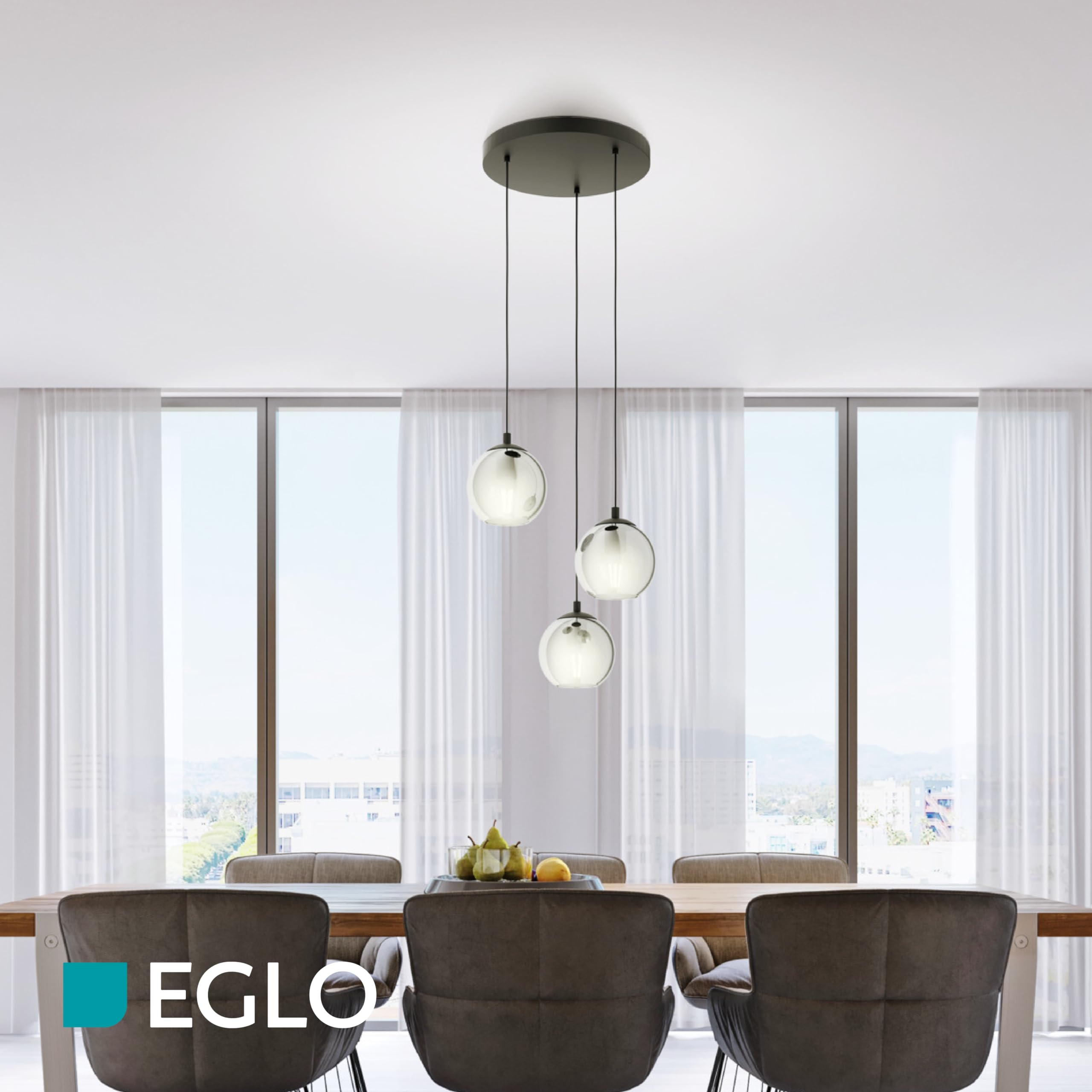 EGLO Hängelampe Ariscani, 3-flammige Cluster Pendelleuchte Esstisch, Hängeleuchte aus Metall in schwarz und Rauchglas, Esszimmerlampe hängend, E27 Fassung, Ø 42,5 cm