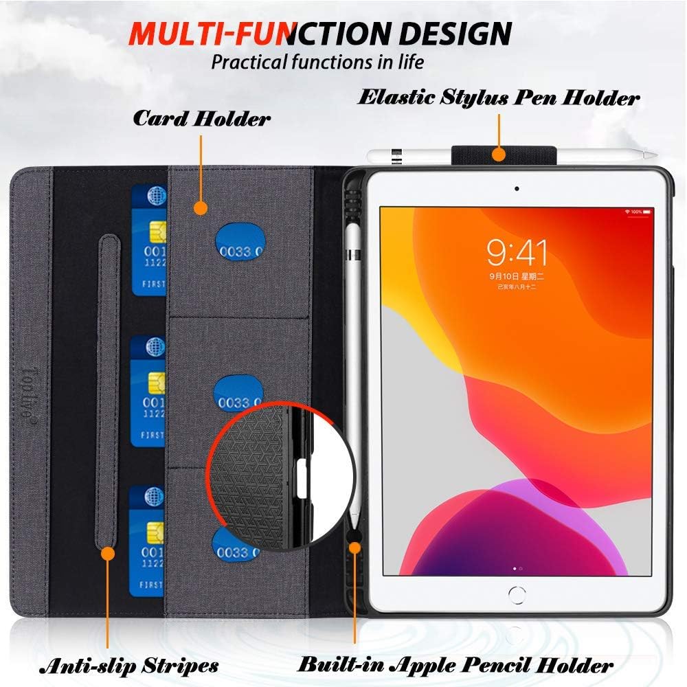 New iPad 10.2 Case 2020 iPad 8th Generation Case / 2019 iPad 7th Generation Case,Toplive Canvas Stand Folio Case Cover with Apple Pencil Holder,Auto Sleep/Wake and Multiple Viewing Angles,Black