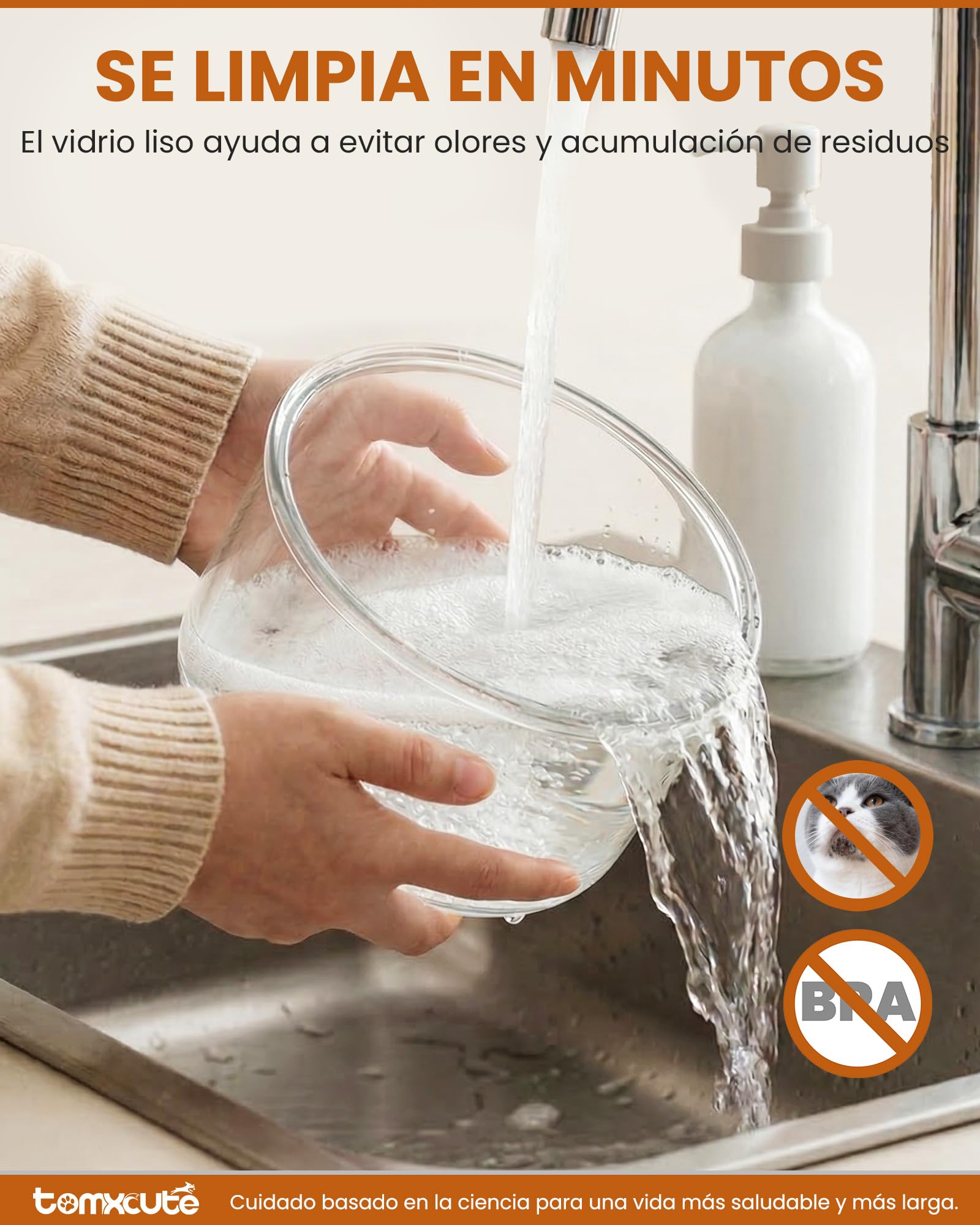 TOMXCUTE Fuente Gatos Cristal 2,5L con Nivel Visible 360° | Vidrio transparente, luz cálida, bomba silenciosa y 3 filtros incluidos para agua fresca
