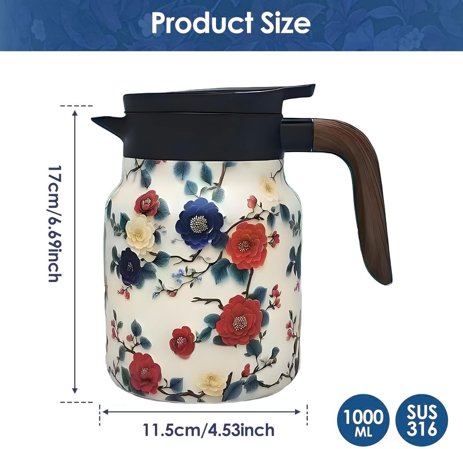 Vintage Pattern Coffee Carafes, 35 Oz/1 Liter - Hot and Cold with Infuser, Perfect for Parties/Home Use (Plum Flower)