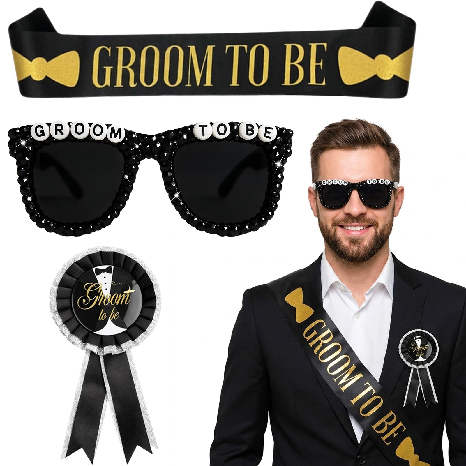3 Piece Groom To Be Stag Do Outfit, Essential Stag Do Accessories Men With Glasses, Sash And Badge, Complete For Bachelor Party Celebrations, Groom Identification During Events