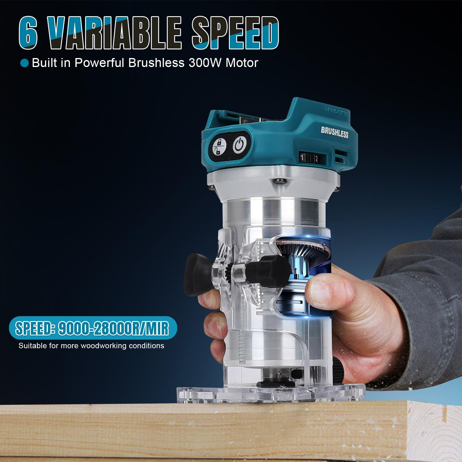 Akku Oberfräse kompatibel mit Makita 18V Batterie, 1300W Bürstenloser Kantenfräser mit 6 Geschwindigkeit, gerader Führung, Führungsrad, Fräser und 2 Schlüssel, Holztrimmer (ohne Akku)