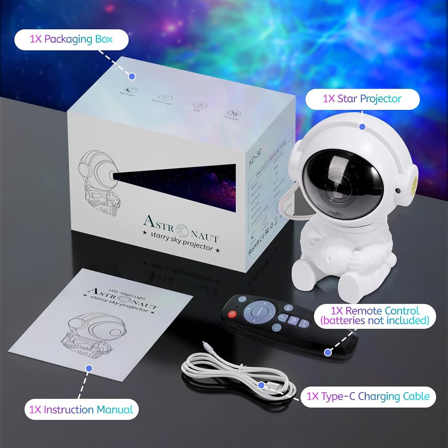 Proyector Astronauta Niños Lámpara LED De Techo Con Nebulosa De