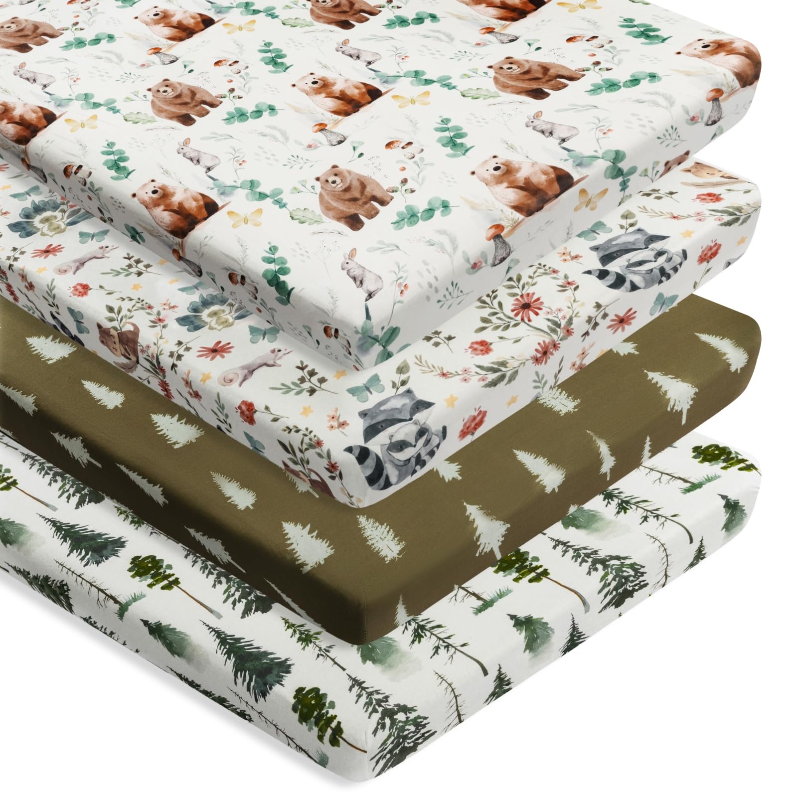 4 Pack N Play Sheets Woodland Forest Animals Wood Neutral Unisex Fitted Baby N Play Sheets Fitted for Standard Pack and Plays and Mini Cribs Set for Baby Boys or Girls (Cartoon Beer)