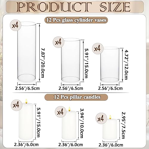 Miniatura 3 de 24 velas de pilar blanco y jarrones cilíndricos de vidrio transparente, portavelas de vidrio huracán para centros de mesa, bodas, fiestas, eventos,