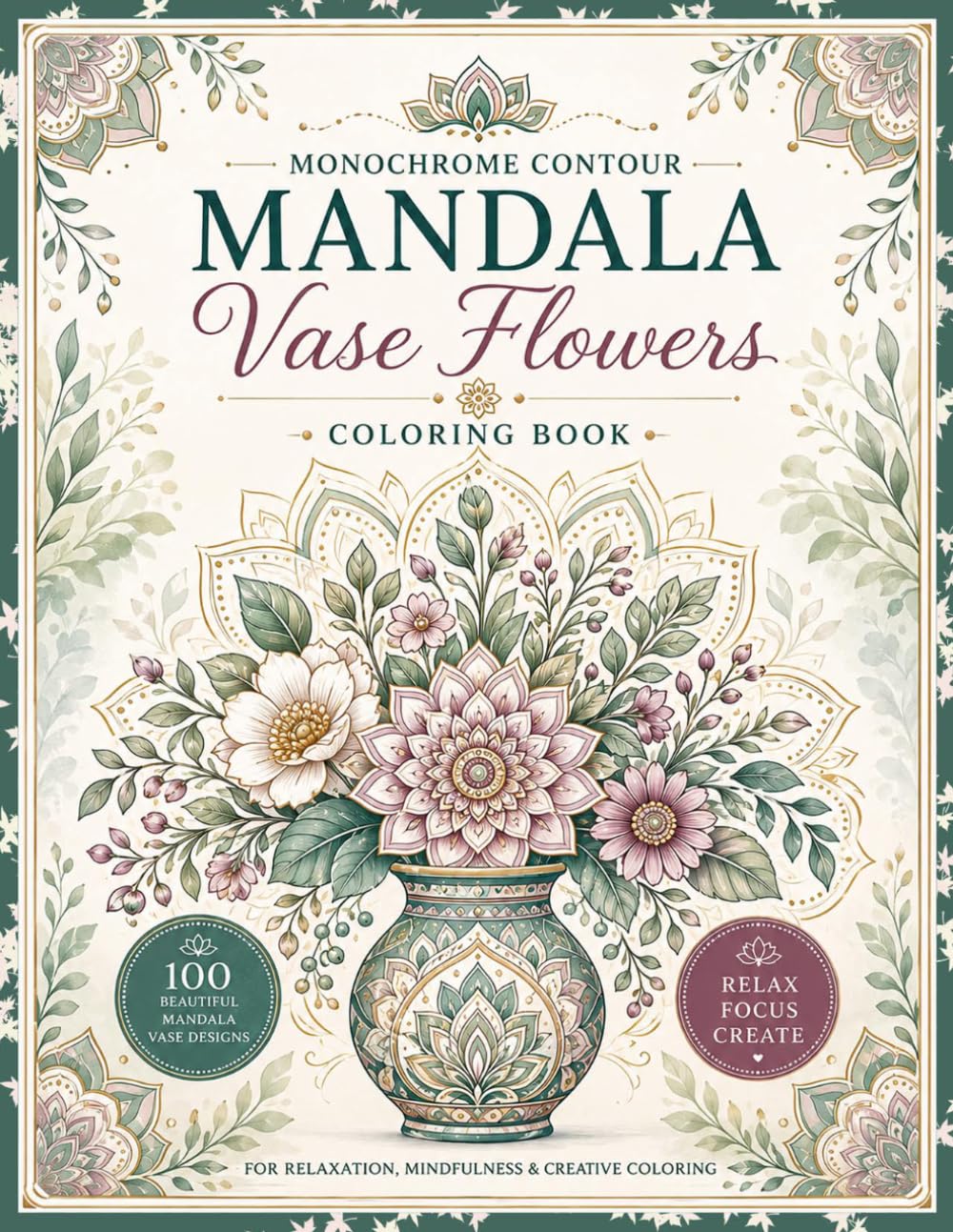 Mandala Vase Flowers Coloring Book for Adults: 100 Beautiful Monochrome Contour Floral Designs for Adults, Relaxation, Mindfulness, Stress Relief & Creative Coloring