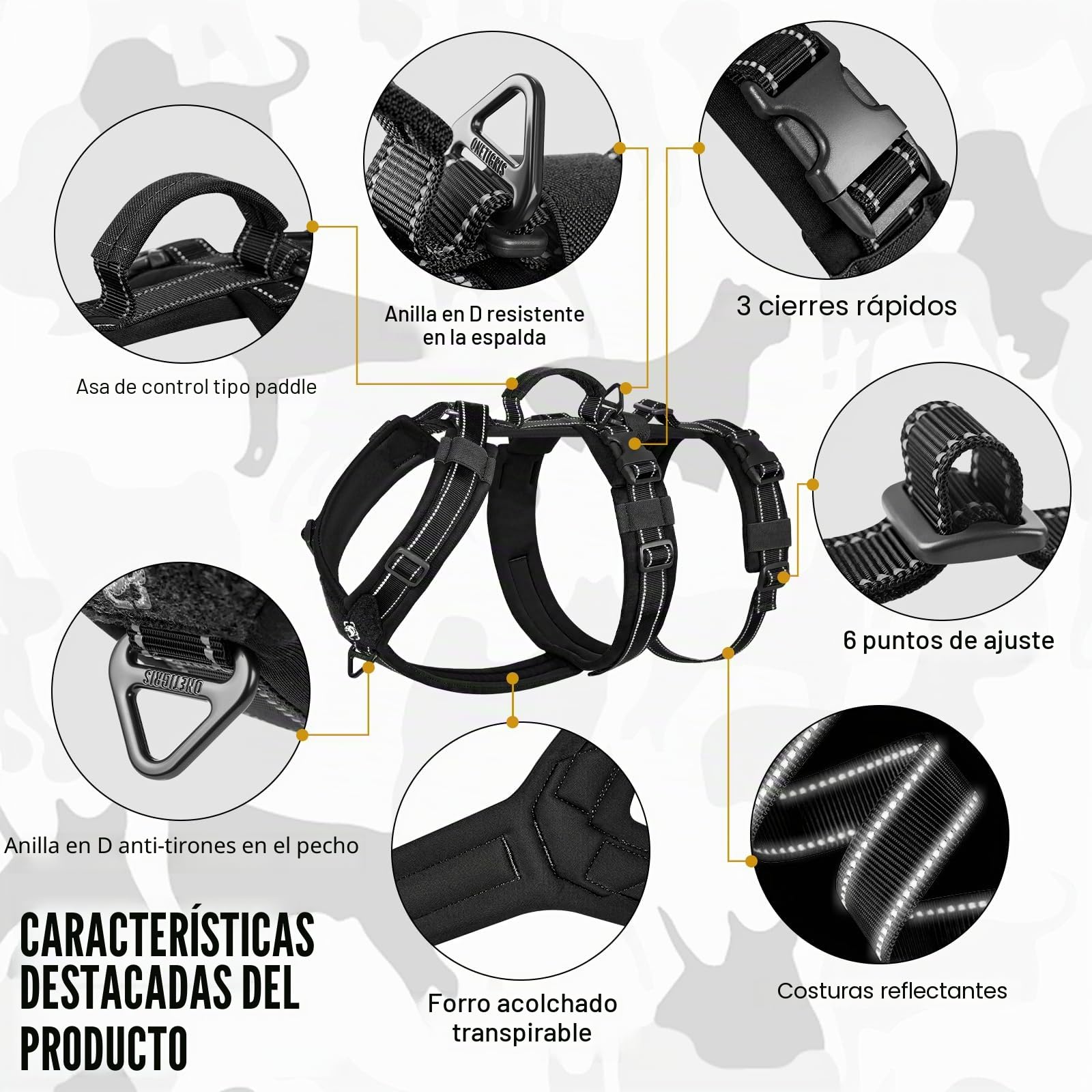 OneTigris Arnés para perros, HOUNDLOCK Arnés Táctico a Prueba de Escape Ajustable Suave Acolchado Arnés de Pecho con 1 Asa, 2 Anillas en D y Reflectante (Negro, L)