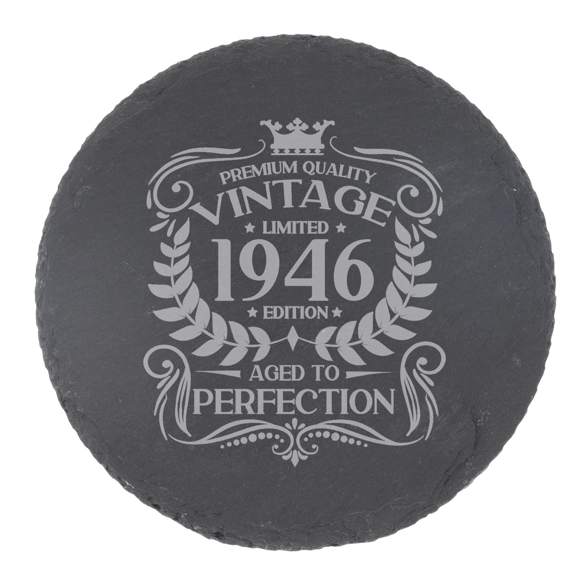 80th Birthday Gift for Men Vintage 1946 Aged to Perfection Engraved Slate Coaster Present for 80 Year Old Etched Natural Slate Placemat (Round Slate)