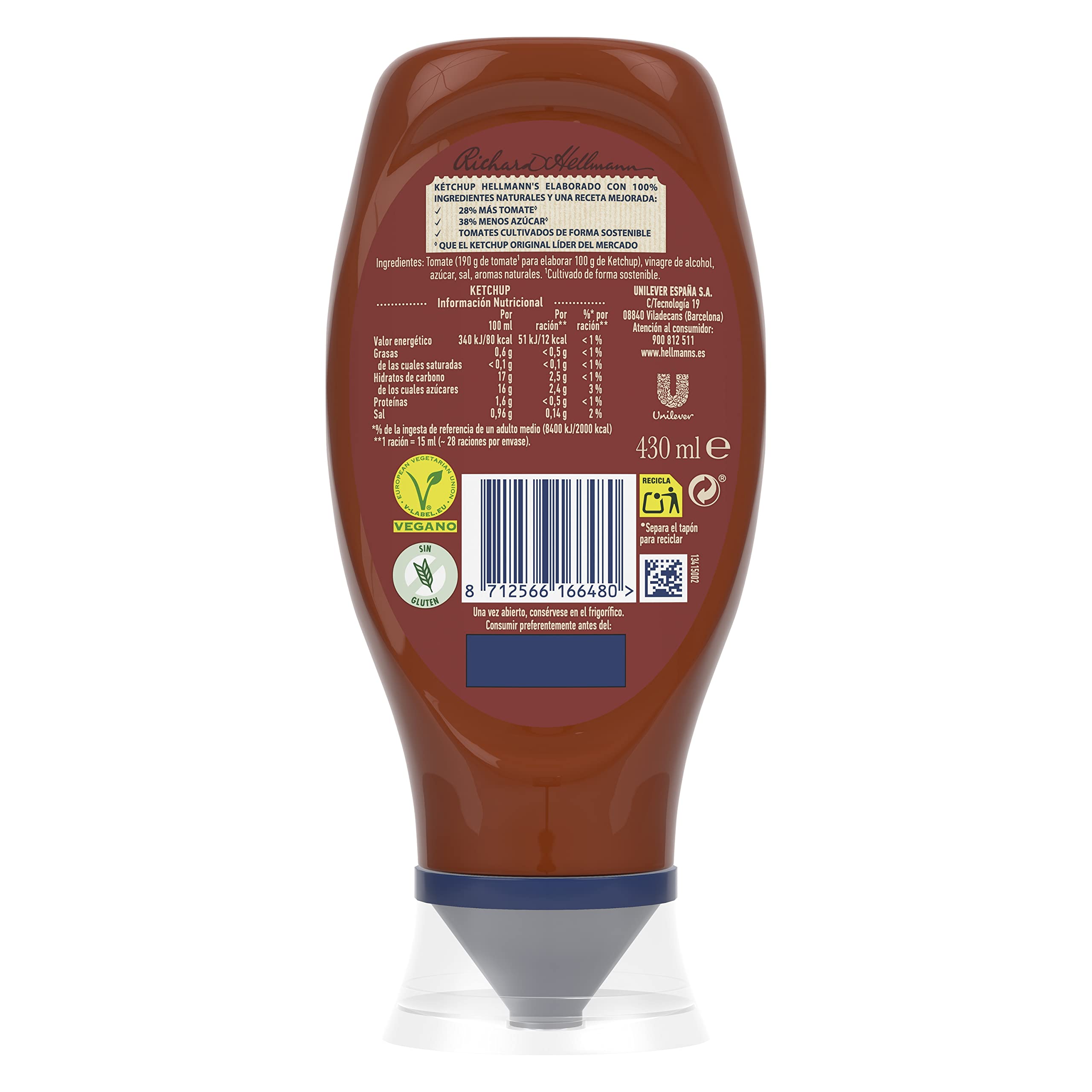 Hellmann's Original - Ketchup 100% Ingredientes Naturales, 12 x 486 gr