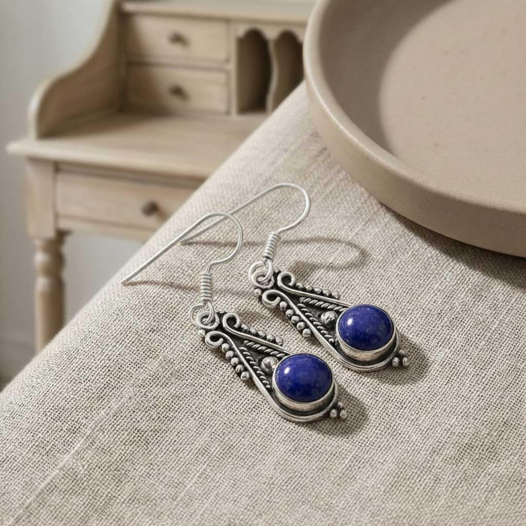 Handmade 925 Sterling Silver Plated Drop Dangle Earring Natural Gemstone Amethyst, Crystal, Turquoise, Rose Quartz Round Boho Jewelry For Women