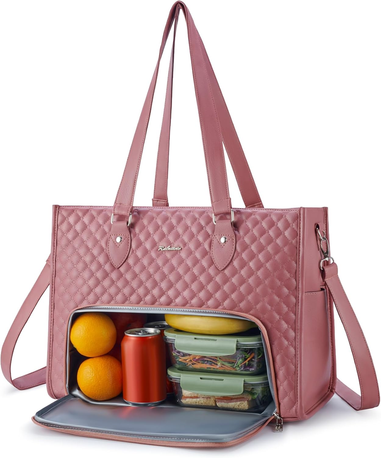Laptop Tote Bag with Insulated Lunch Compartment for Women, PU Leather 15.6 Inch Work Bag, Elegant Computer Handbag, Versatile Business Tote for Office,Travel or Casual-Mauve Pink