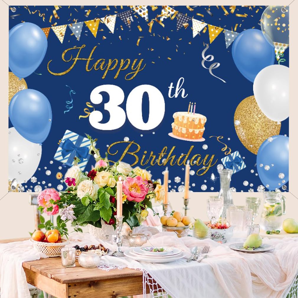Happy 30th Birthday Backdrop Banner - 150x90cm Blue Fabric Sign Poster For Wall/Table Decoration, Photography Background - View #4