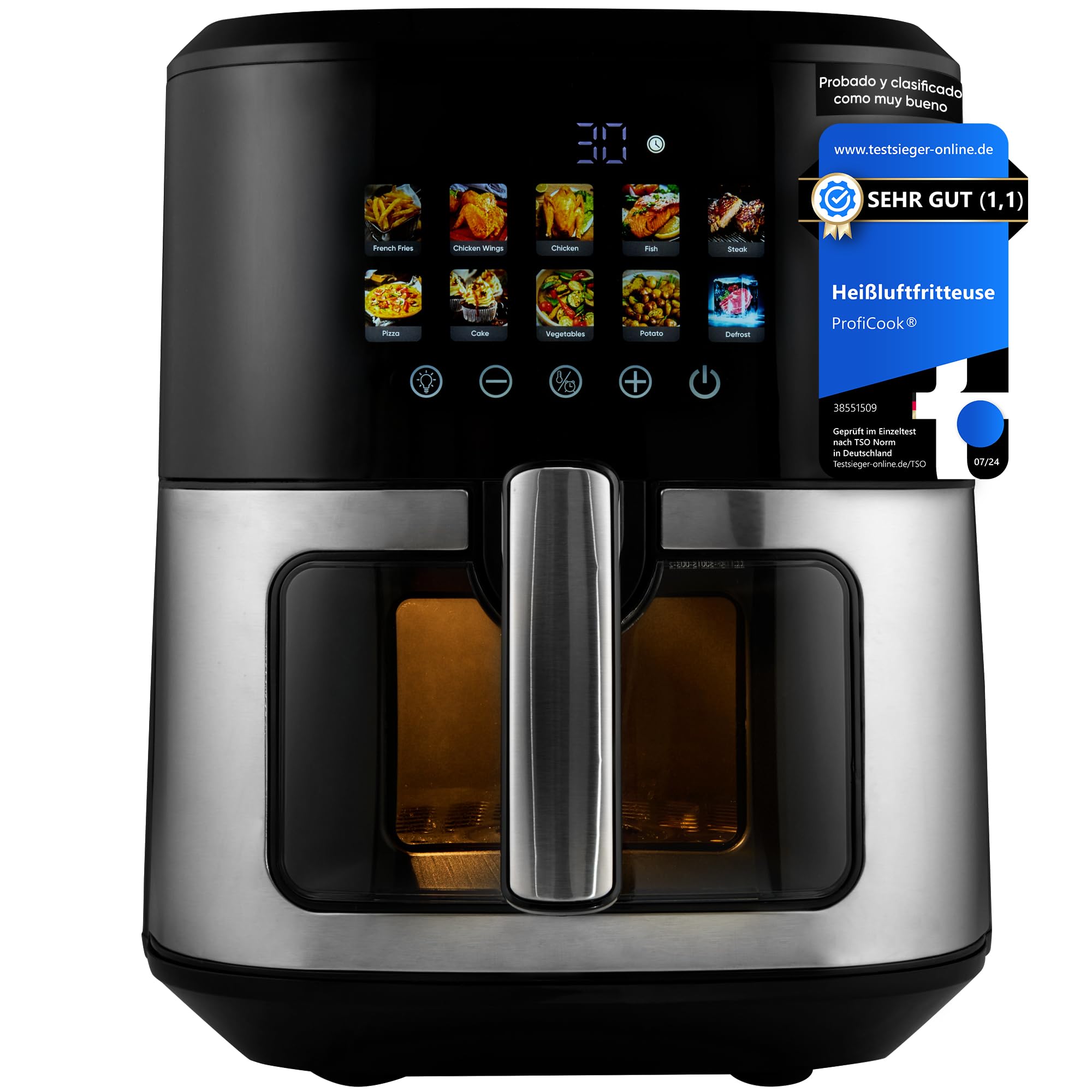ProfiCook® Freidora de aire caliente 6,5L | Preparación sin aceite/grasa | Airfryer con pantalla a color | 9 programas | 50-200°C | 1700W | Freidora de aire caliente XXL | PC-FR 1286 H