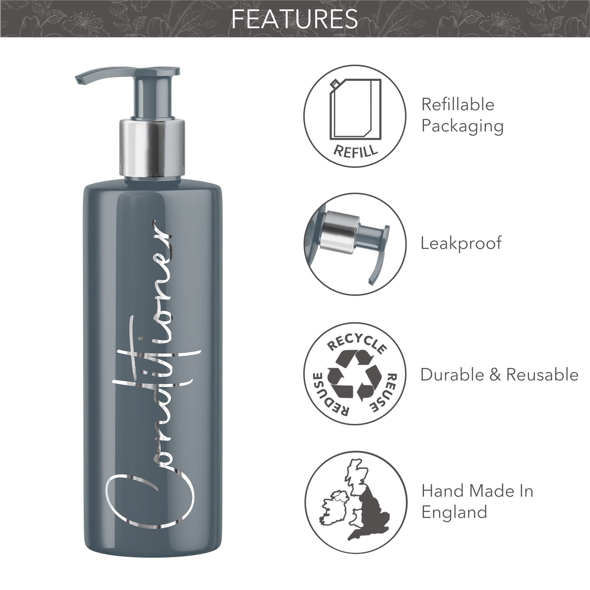 Print Maniacs Grey Mrs Hinch Inspired Personalised 500ml Pump Bottles Bathroom Lotion Kitchen Set Shampoo Conditioner Body Wash F2 (Silver - Image 4