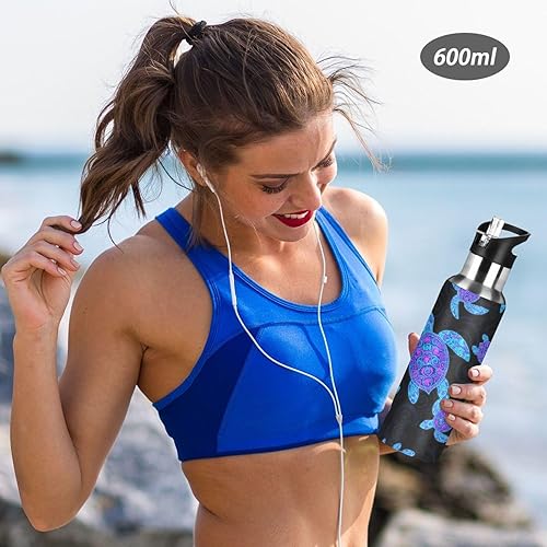 Miniatura 6 de BPA-Free Sports Water Bottle with Straw 32 Oz, Insulated Water Bottle for Gym Outdoor Travel School, Neon Sea Turtles Black