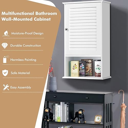 Miniatura 7 de LOKO Armario de pared de baño, armario de baño montado en la pared con puerta de obturador individual y estante ajustable, pequeño botiquín para
