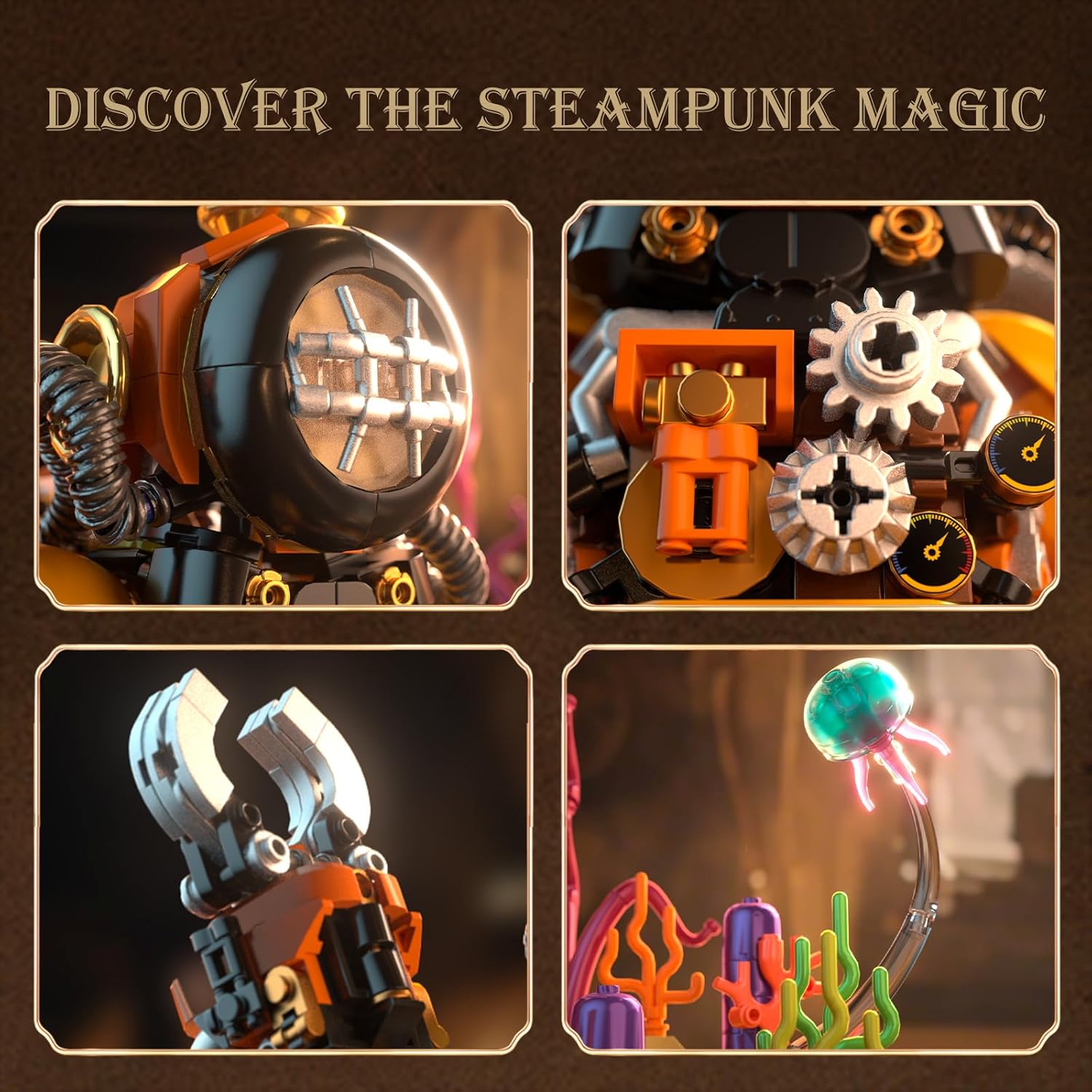 Mechanical Diver Building Set with LED Light, 1287 PCS Steampunk Model Building Kits with Deep Sea Scene Display, STEM Building Blocks, Gift for Adults Men Teens Kids 8+