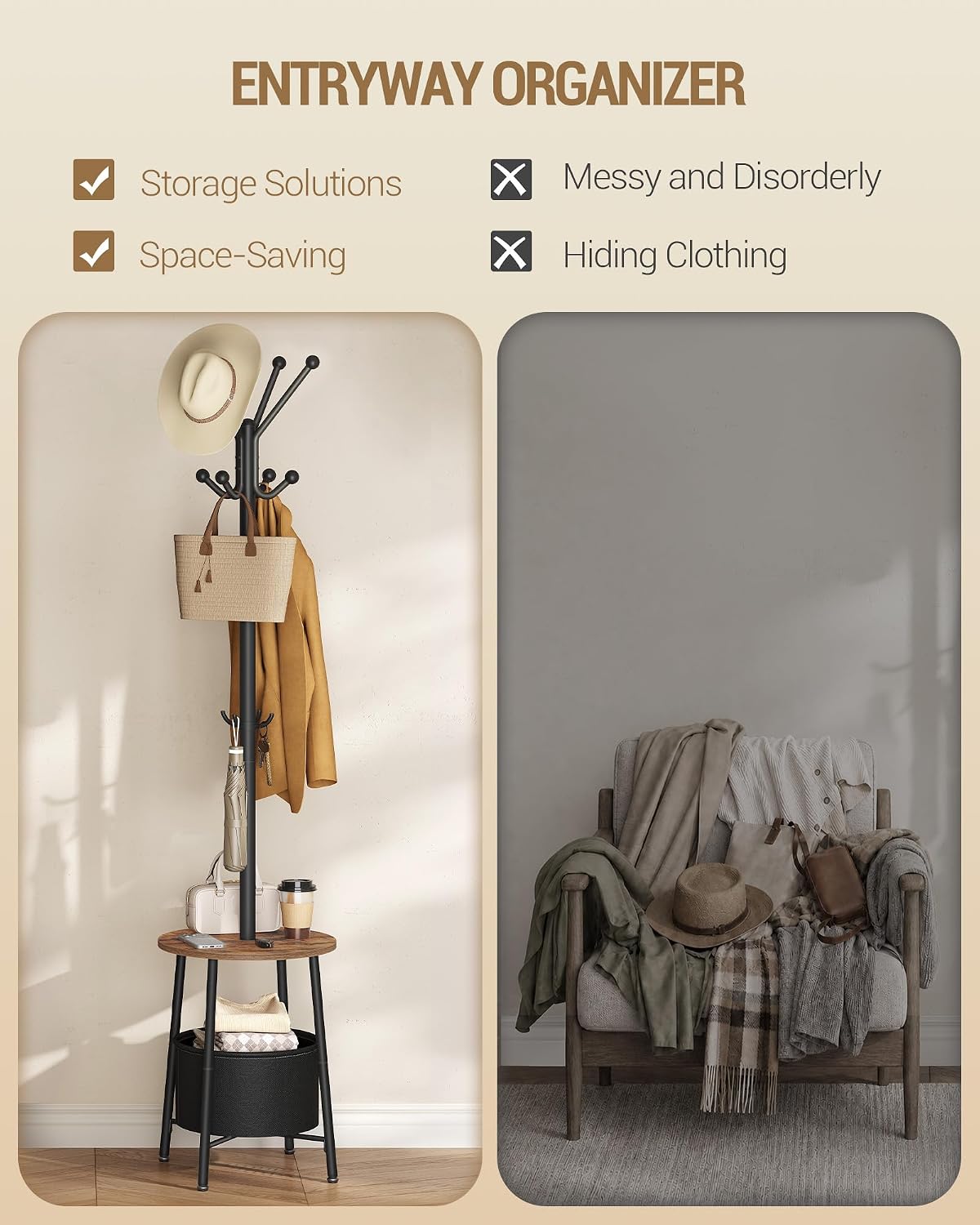 Hzuaneri Coat Rack, Free Standing Coat Stand with Large Storage Basket