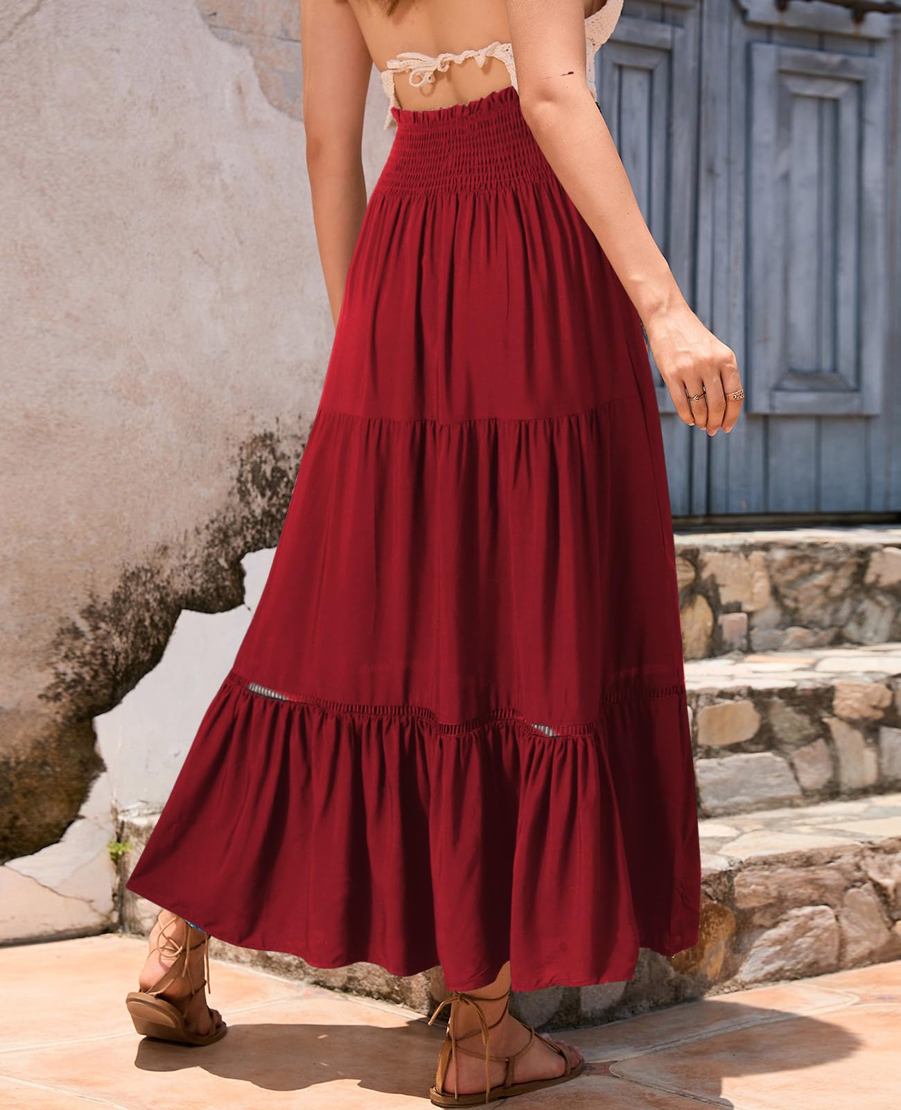 Genfien Femme Jupe 2 en 1 Bohème Tour de Taille Elastique Longue été Maxi Tube Taille Haute A-Line Décontractée Vacances L'été Plage Vintage