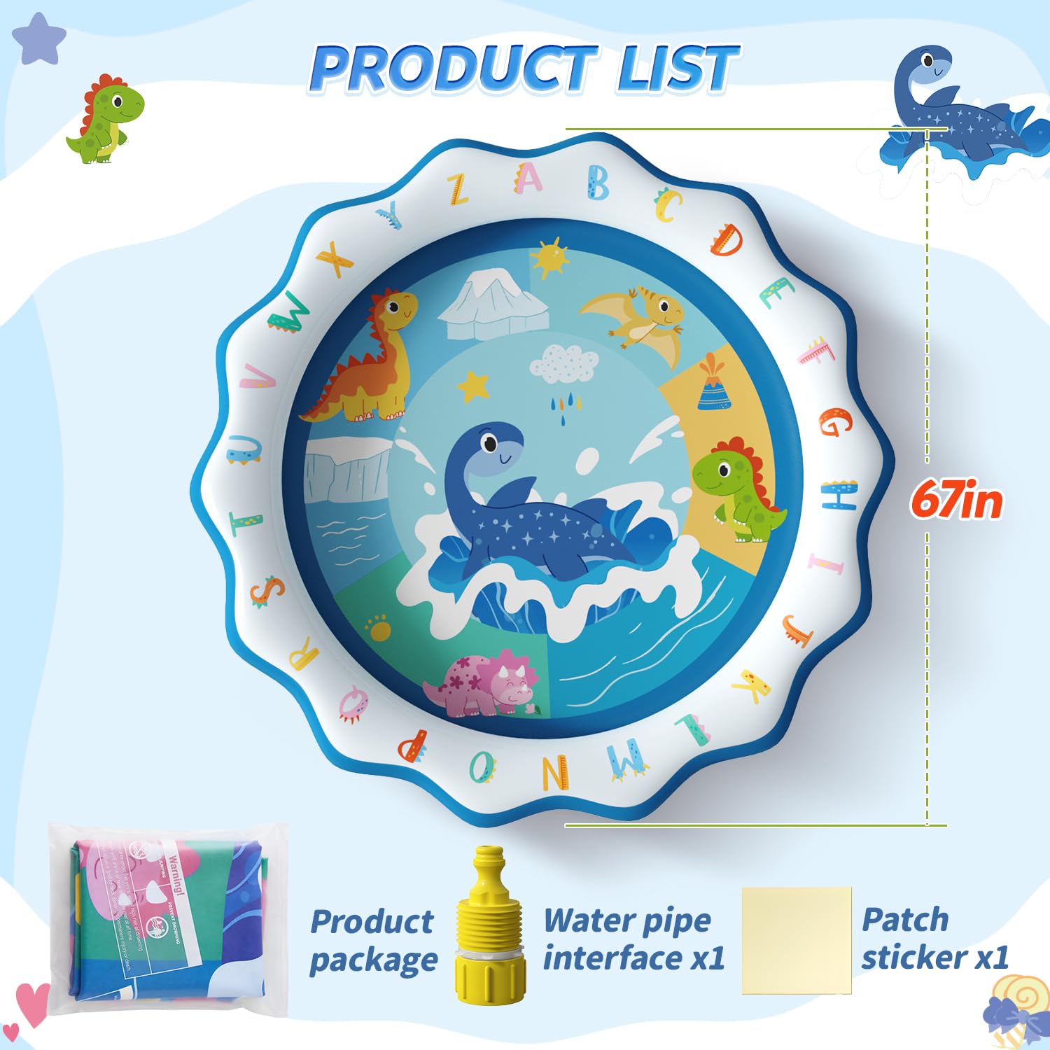 Skirfy Dinosaurier Splash Pad, Sprinkler-Spielmatte, 170 cm Sommer-Wasserspielzeug für Kinder, Wasserspritzmatte für Outdoor-Familienaktivitäten, Partys, Strand und Garten, 170 cm