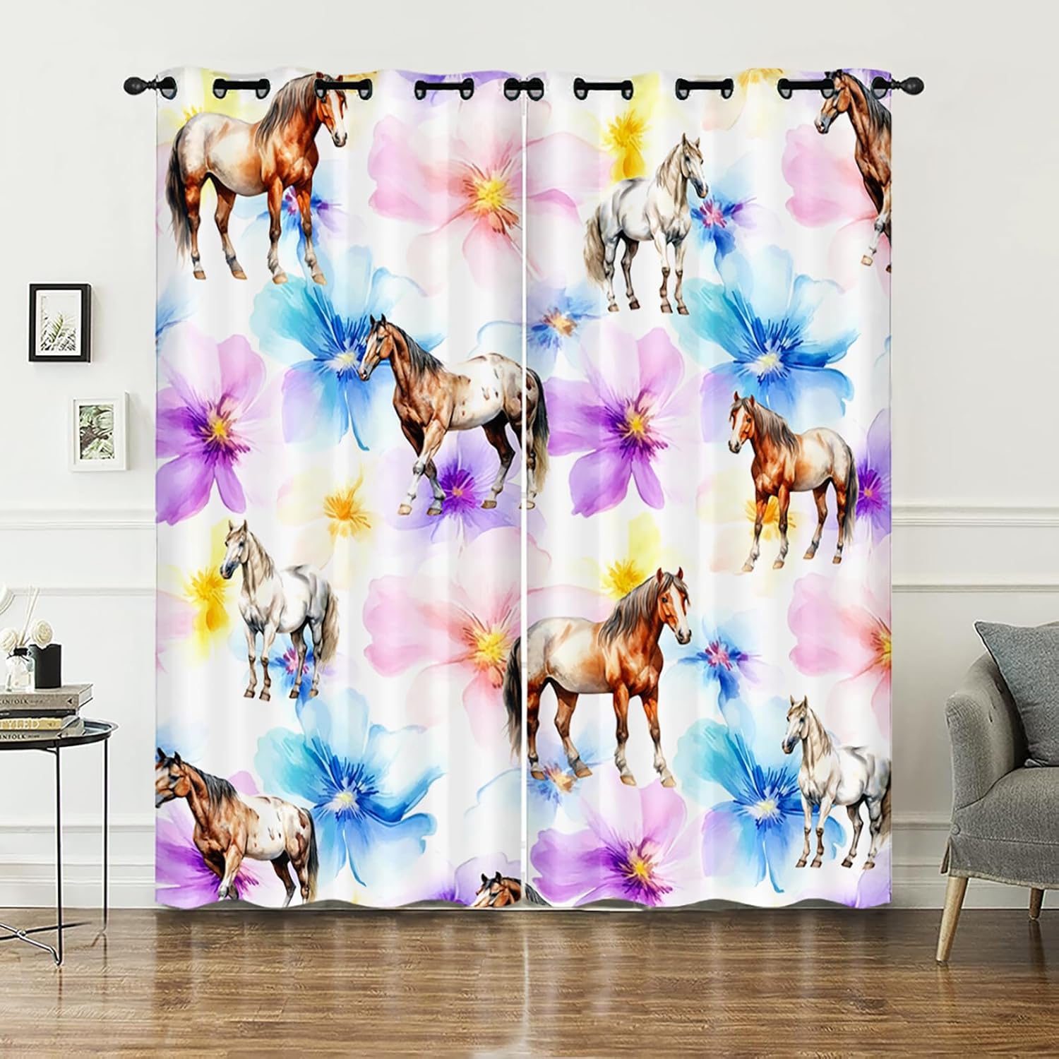 AILONEN Horse Floral Window Curtain,White Brown Horses Printed Drapes for Cowboy Cowgirls,Blue Purple Flowers Pattern Window Treatments for Bedroom Living Room, 42" W x 63" H (2 Panels)