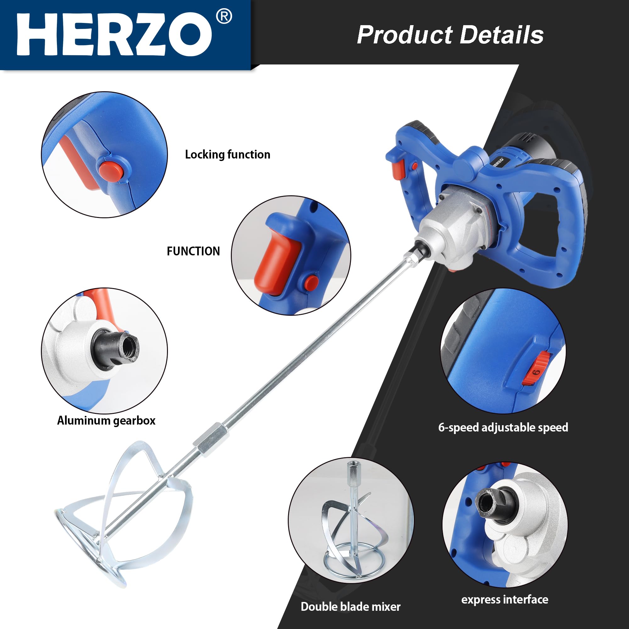 HERZO Mörtelrührer 1300W mit M14 Rührstab, 2-Gang-Einstellung & variabler Drehzahl – Elektrisches Rührwerk für Beton, Zement, Mörtel, Farbe & Putz